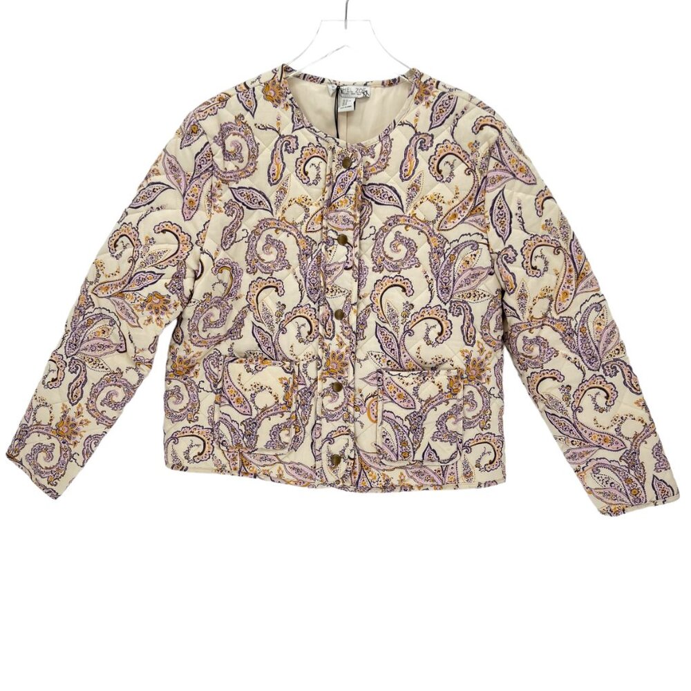 Rachel Zoe Paisley Quilted Jacket‎ Size XL Floral Button Up Pockets Cream Purple